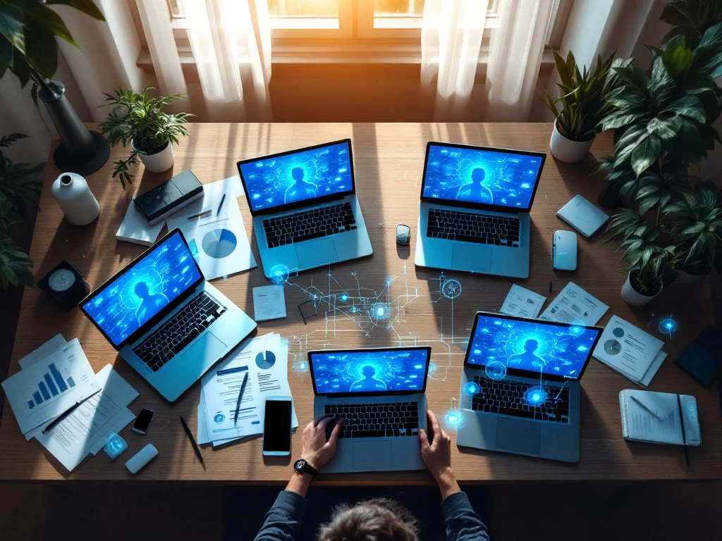 http://Biurko%20domowego%20biura%20z%20laptopami%20i%20tabletami%20pokazującymi%20wideokonferencje%20połączone%20świecącymi%20liniami%20sieci