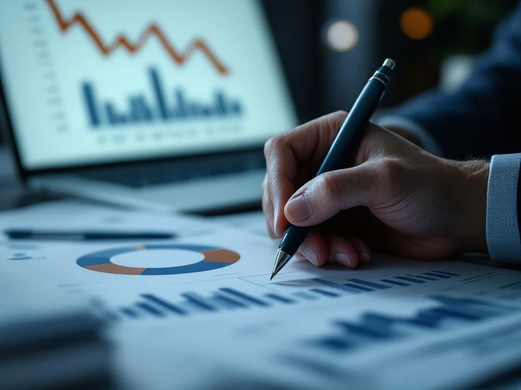 http://Ręce%20biznesmena%20z%20długopisem%20nad%20pustymi%20wykresami%20sprzedaży,%20laptop%20z%20malejącymi%20danymi%20w%20tle