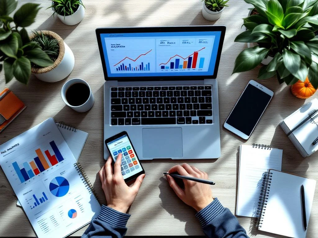 http://Biurko%20z%20laptopem%20i%20tabletem%20wyświetlającymi%20wykresy%20sprzedaży,%20smartfonem%20i%20kalkulatorem%20w%20profesjonalnym%20układzie